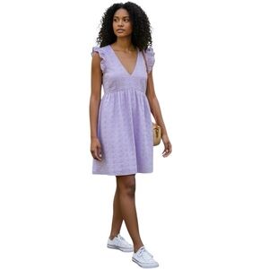 Crystal Sky Lilac Eyelet Mini Dress XS Flutter Sleeve V-Neck